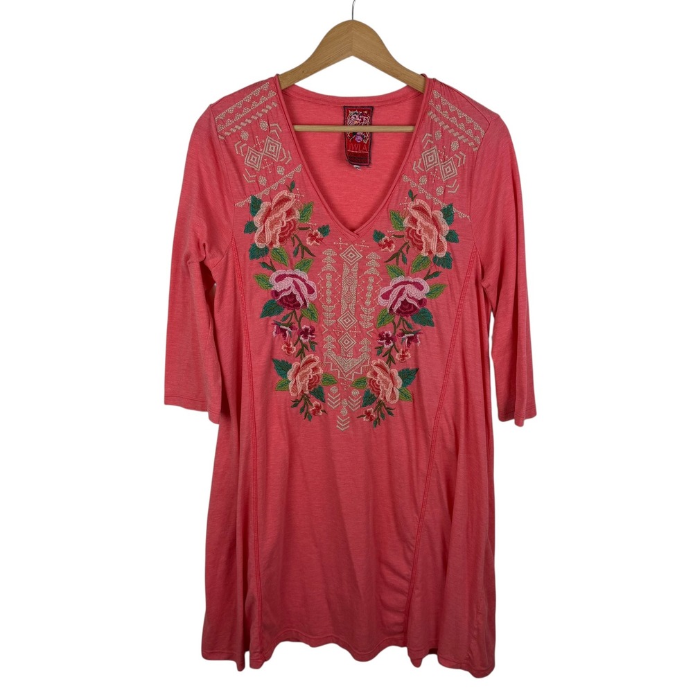 Johnny Was Dorana Floral Embroidered Tunic Top Medium Pink Cottage Boho Chic - Picture 2 of 12